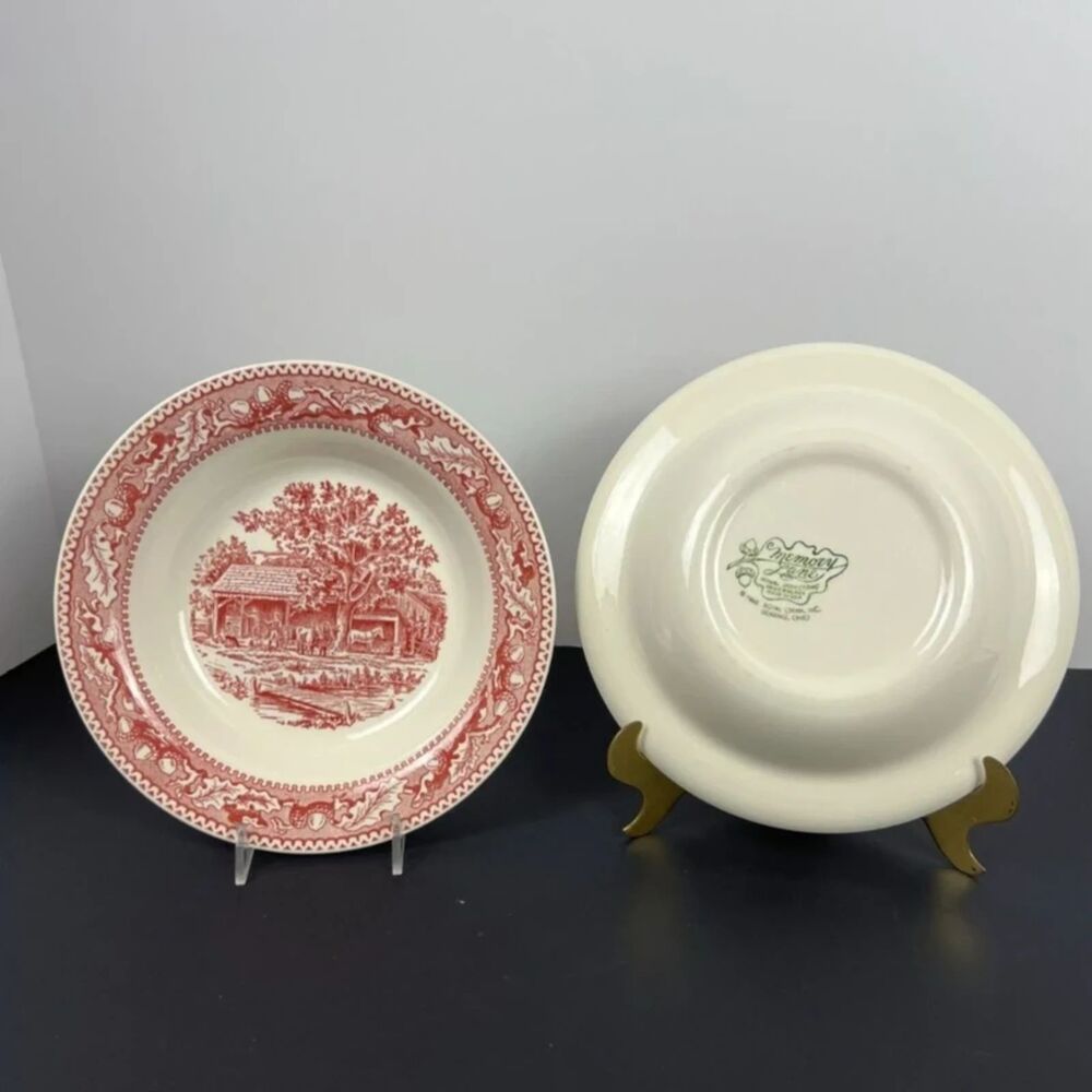 Vintage Royal China Memory Lane Rimmed Soup Bowls 8.5" Red Transferware Set of 3